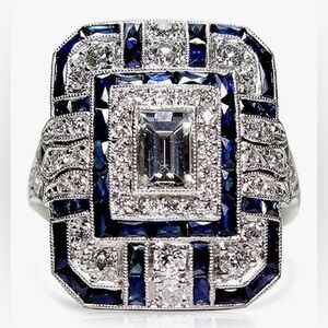 Gorgeous Huge Art Deco Square White Blue Sapphire Cocktail Ring 9